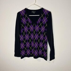McDuff Sweater Womens Small Black Purple Argyle 100% Cashmere V Neck Pullover